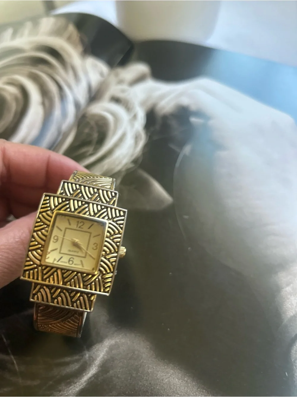 Ornate Gold-Tone Square Face Bracelet Japan movt Watch